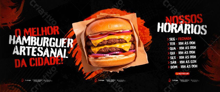 Banner Hamburgueria Artesanal Horários PSD Editável
