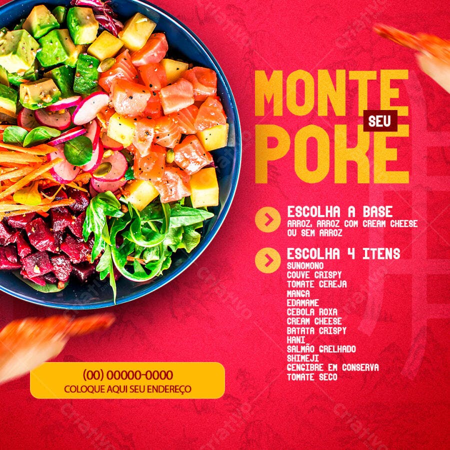 Post Instagram Monte Seu Poke Restaurante PSD Editável
