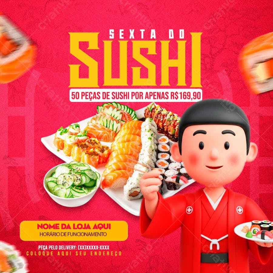 Post Instagram Sexta do Sushi Restaurante PSD Editável