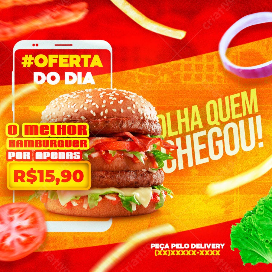 Post Instagram Hamburgueria Oferta do Dia PSD Editável