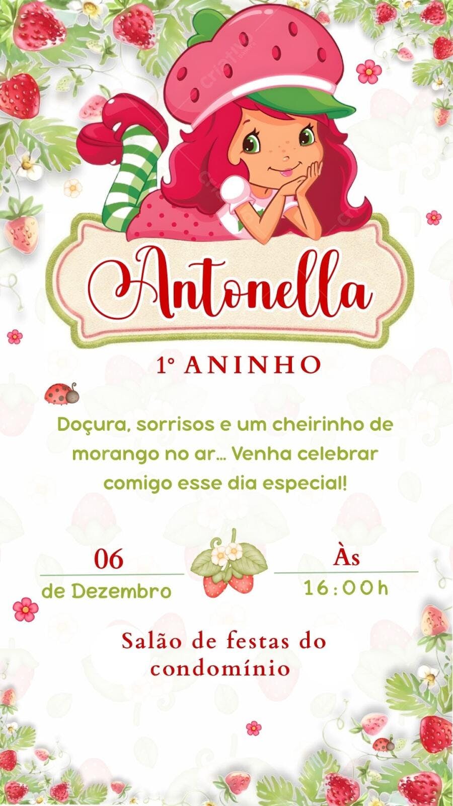 Convite Aniversário Moranguinho 1 Ano Editável