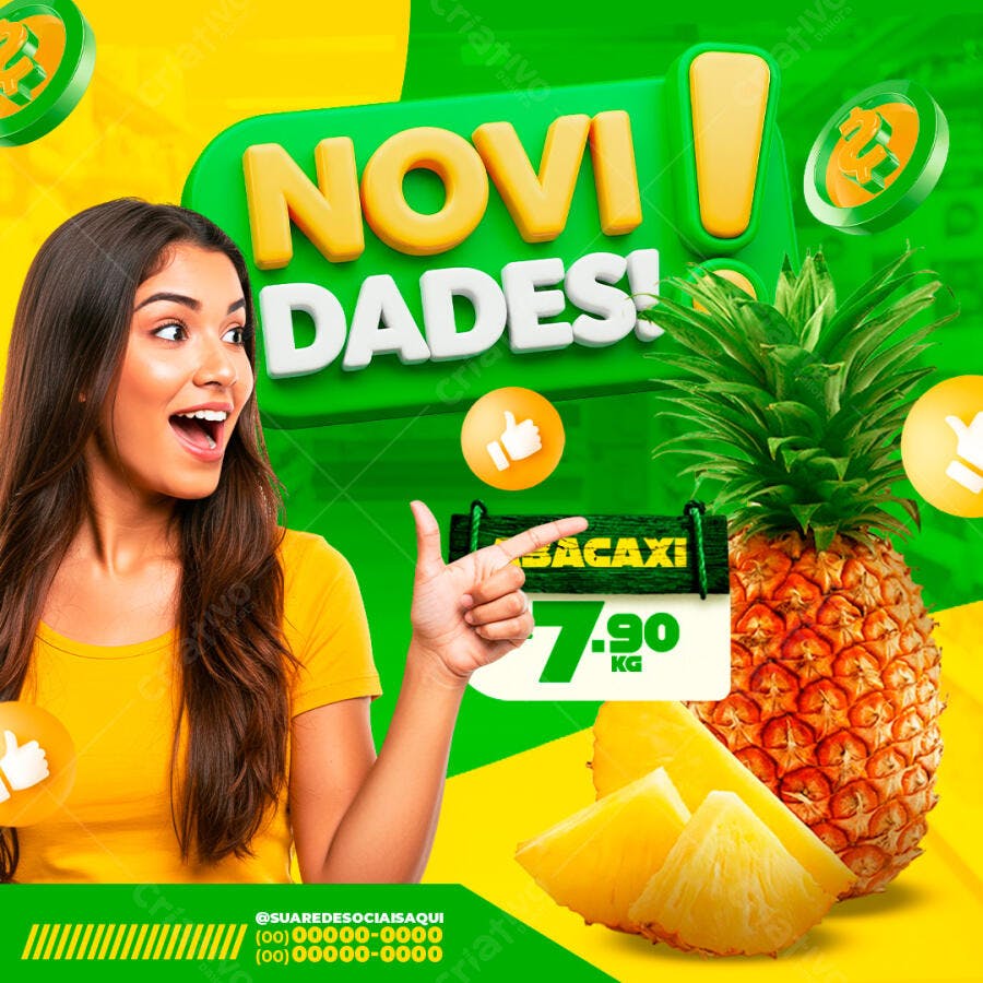 Post Instagram Novidades Frutas Abacaxi PSD Editável