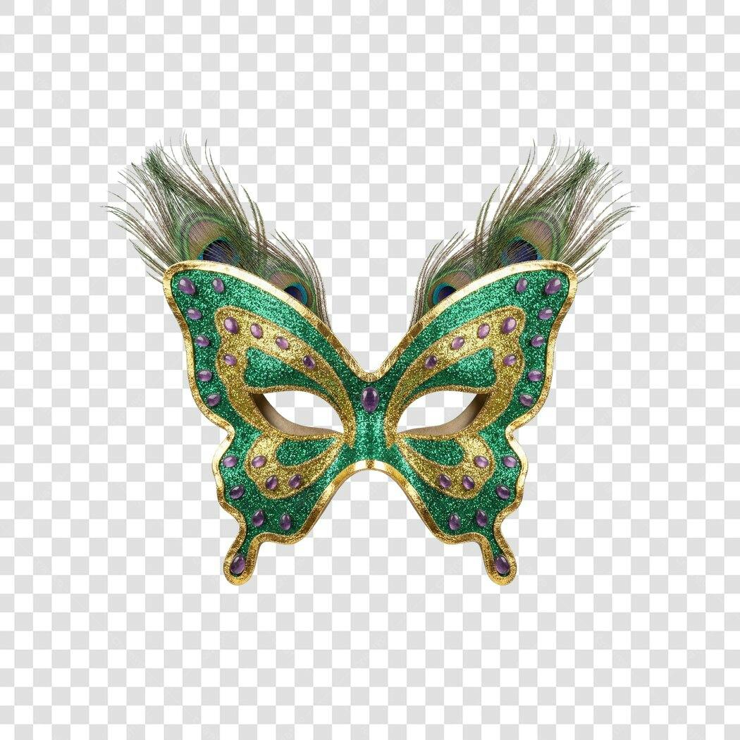 Máscara Carnaval Penas Pavão Verde Dourado PNG Fundo Transparente