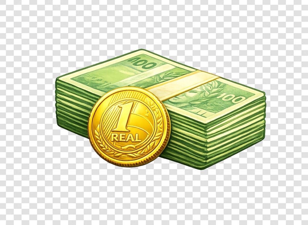 Elemento 3D Dinheiro Real Brasileiro Moeda Cédulas PNG Fundo Transparente