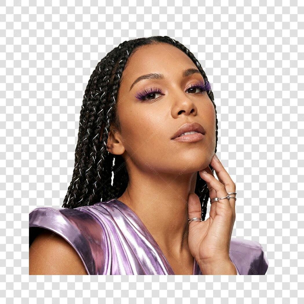 Foto Recortada Mulher Negra Tranças Maquiagem Roxa PNG Fundo Transparente