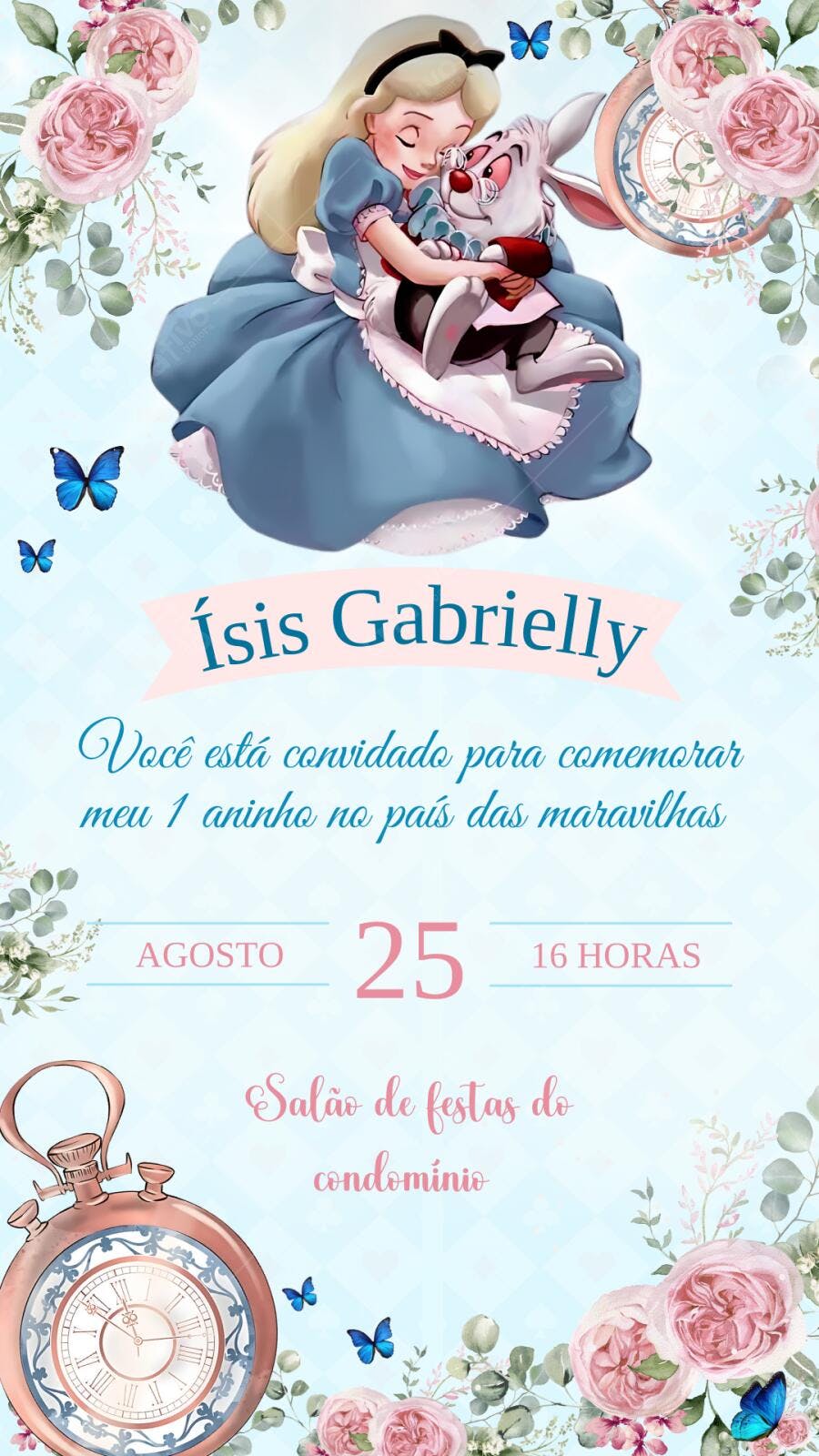 Convite Aniversário Alice no País das Maravilhas 1 Ano Editável