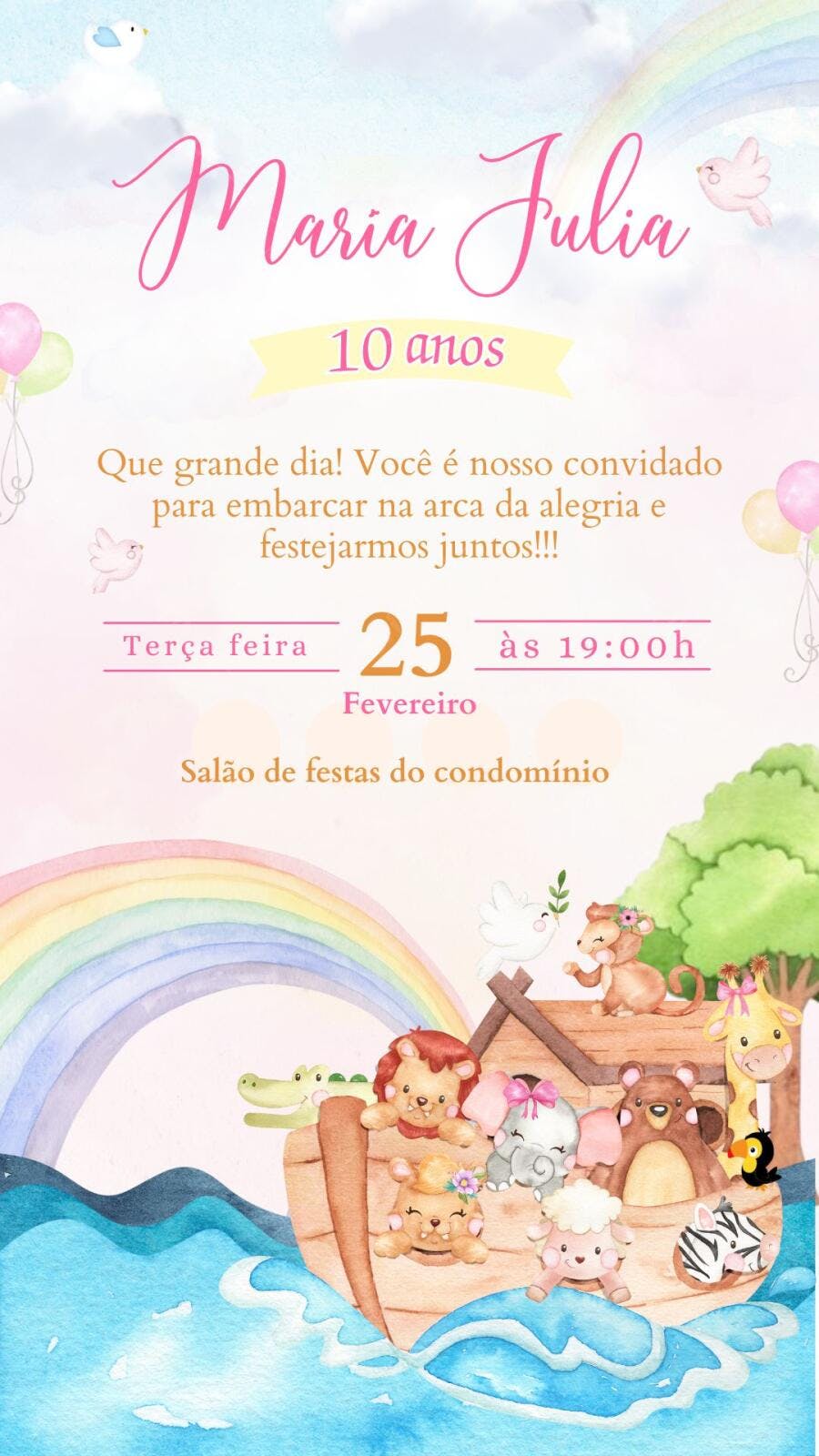 Convite Aniversário Arca de Noé Infantil 10 Anos Editável