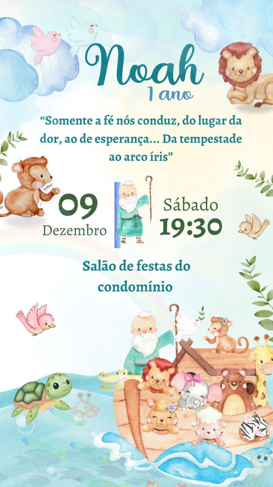 Convite Arca de Noé 1 Ano Aquarela Editável