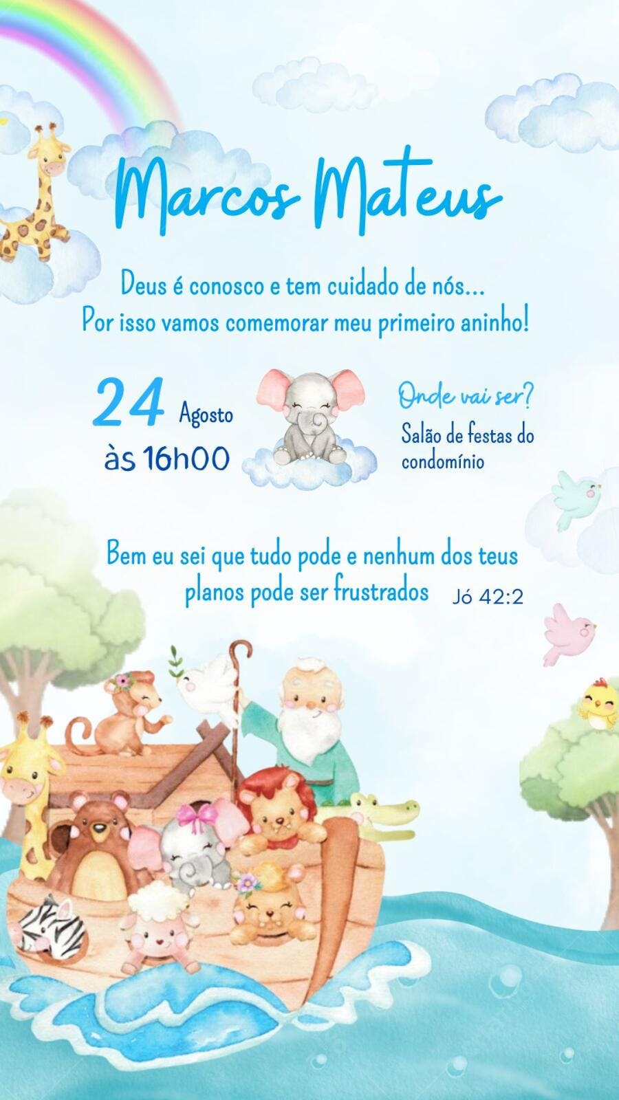 Convite Aniversário Arca de Noé 1 Ano Editável