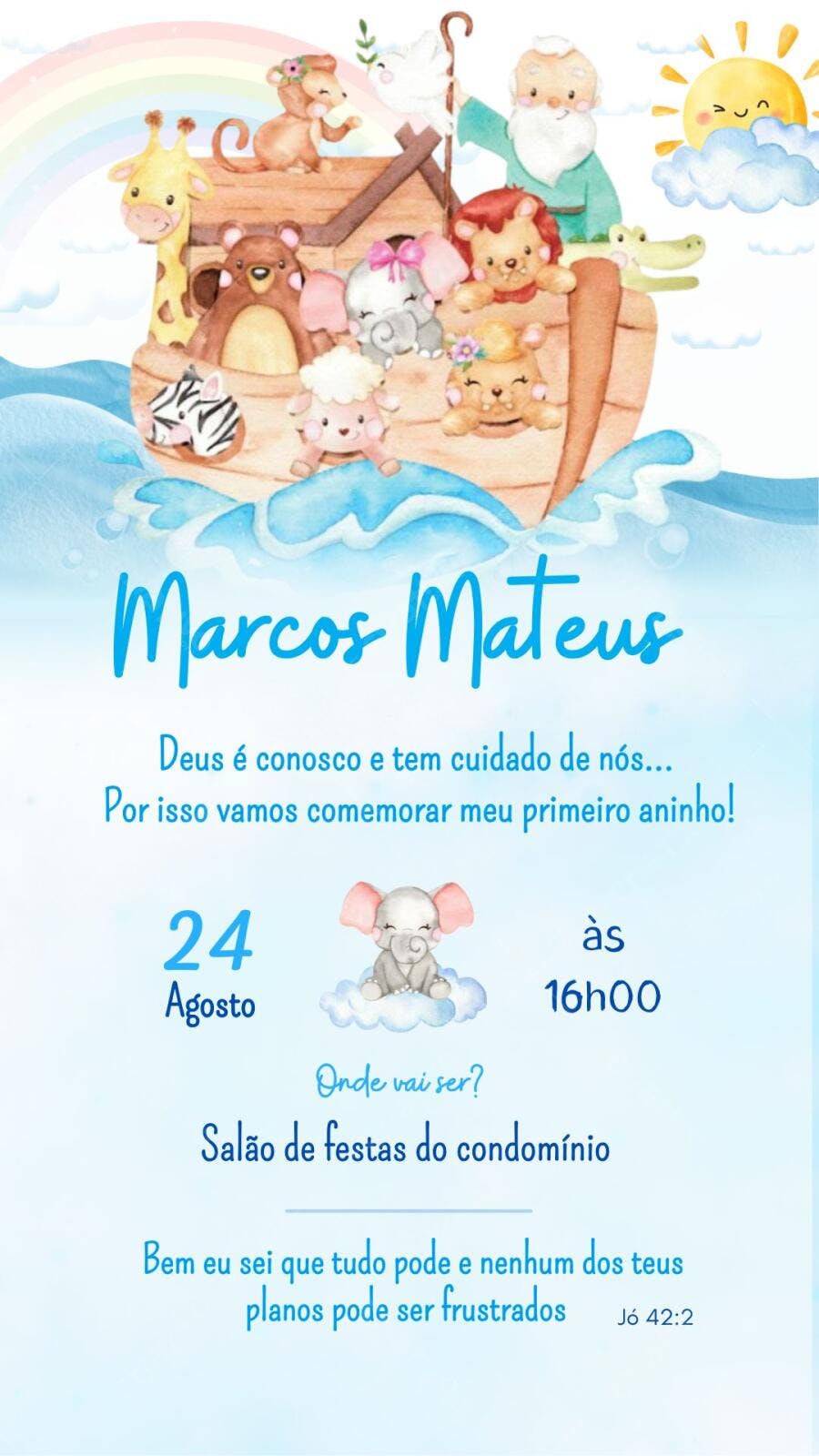 Convite Aniversário Arca de Noé 1 Ano Editável