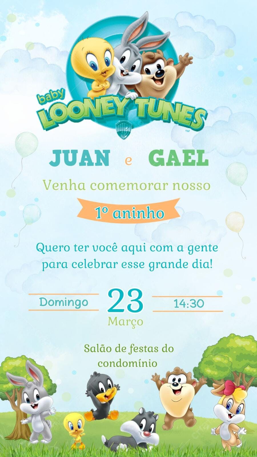 Convite Aniversário Baby Looney Tunes 1 Ano Editável