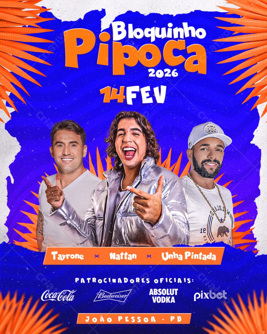 Flyer Carnaval Bloco de Rua Bloco Pipoca 14 Fev PSD Editável