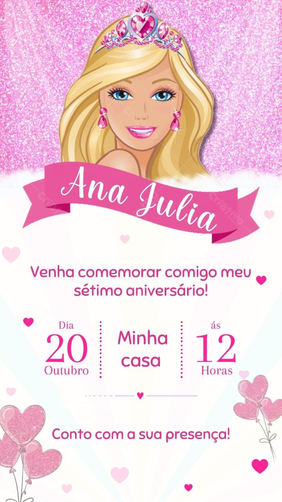 Convite Aniversário Barbie 7 Anos Digital Editável