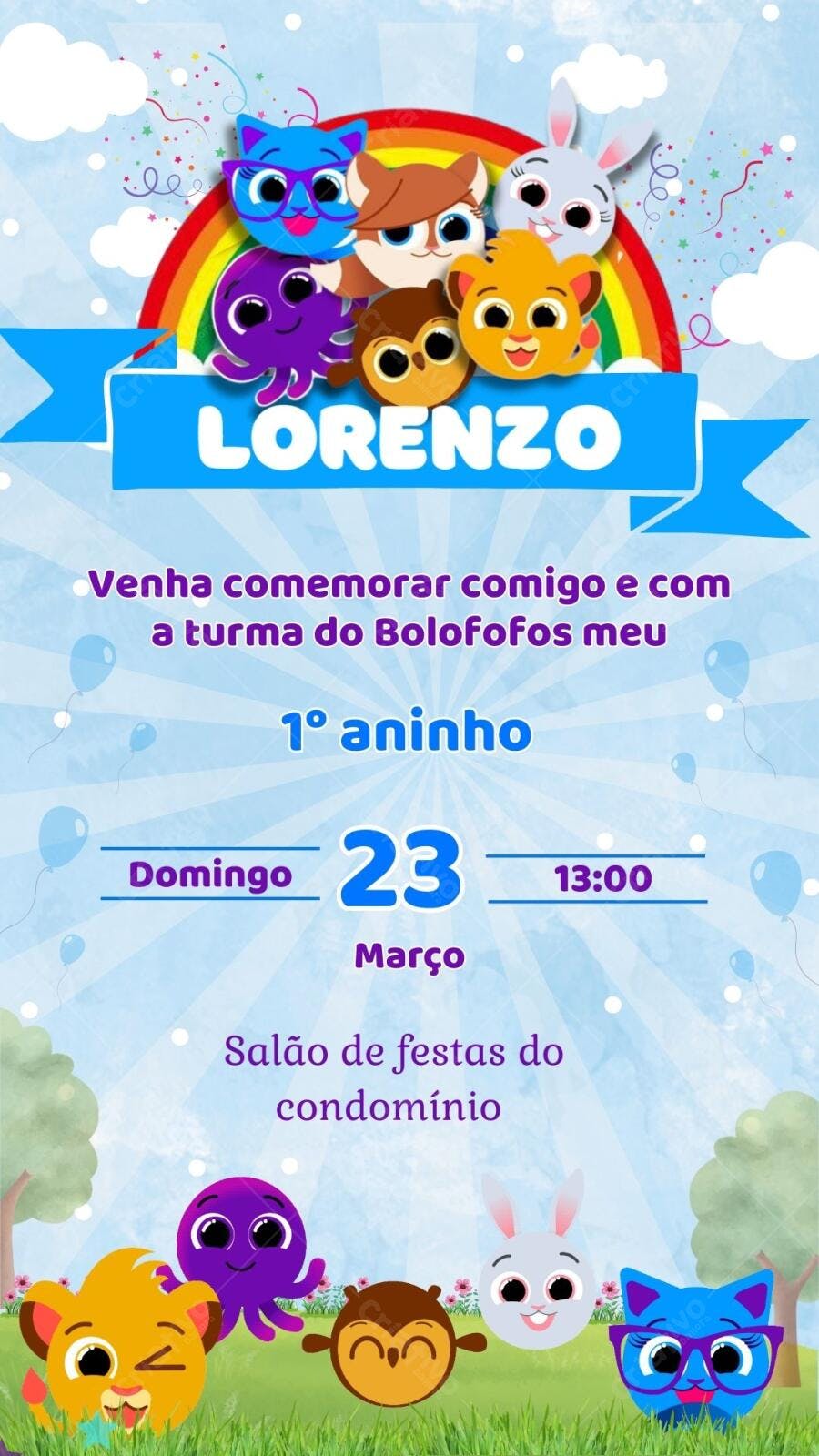 Convite Aniversário Bolofofos 1 Aninho Editável