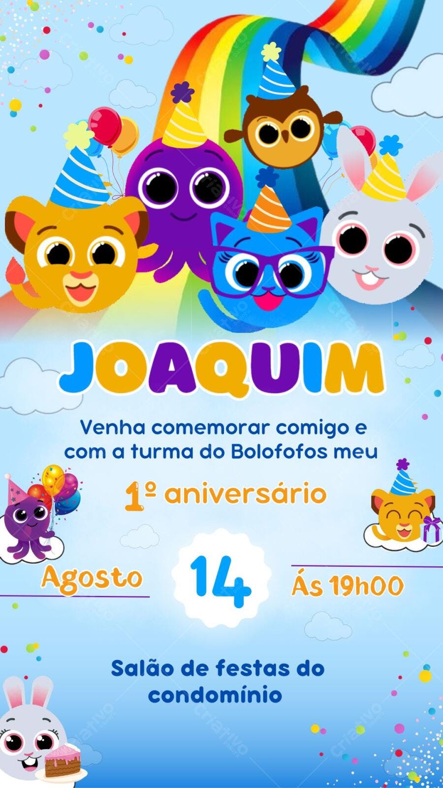 Convite Aniversário Bolofofos 1 Ano Editável