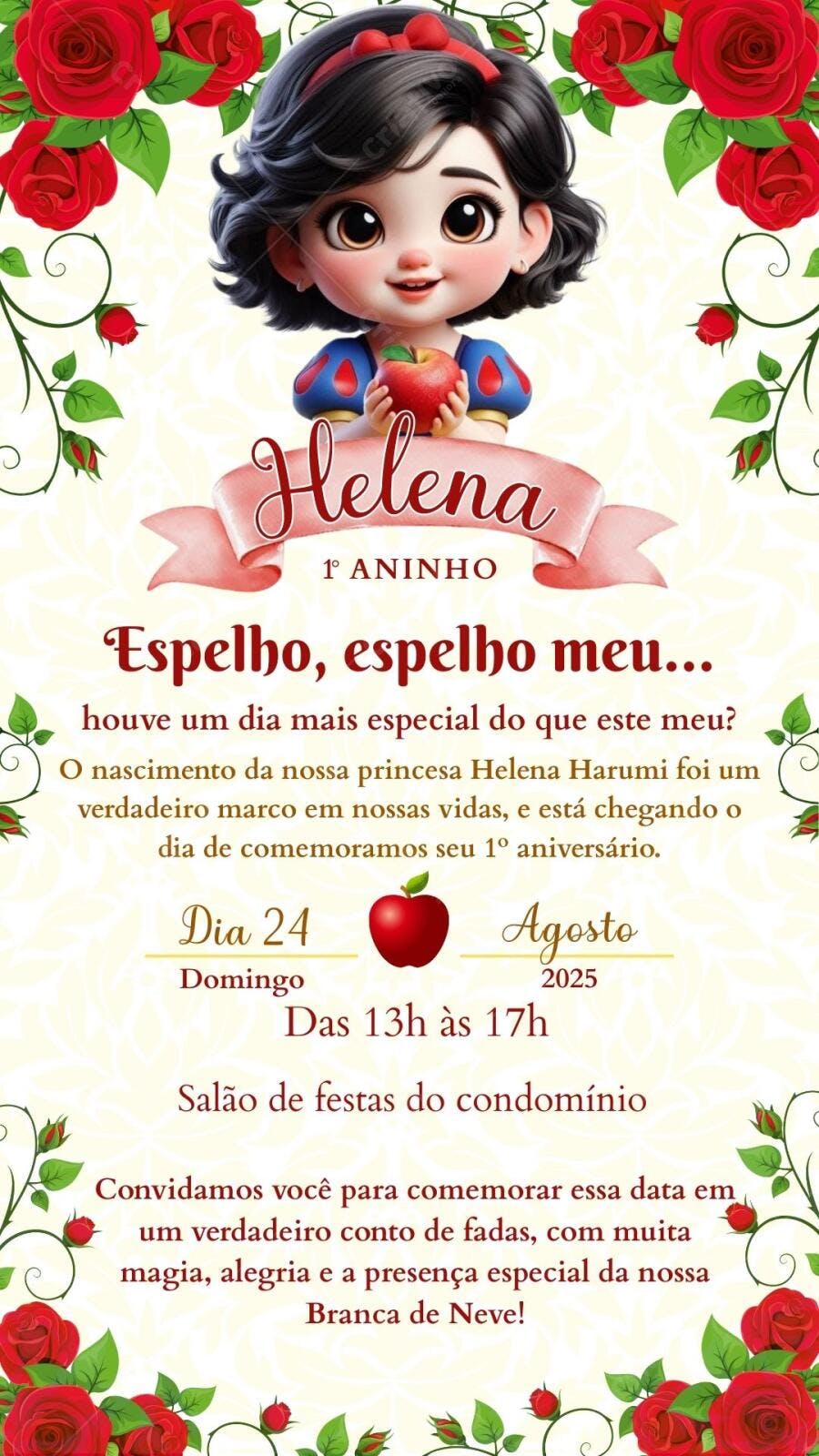 Convite Aniversário Branca de Neve 1 Aninho Editável