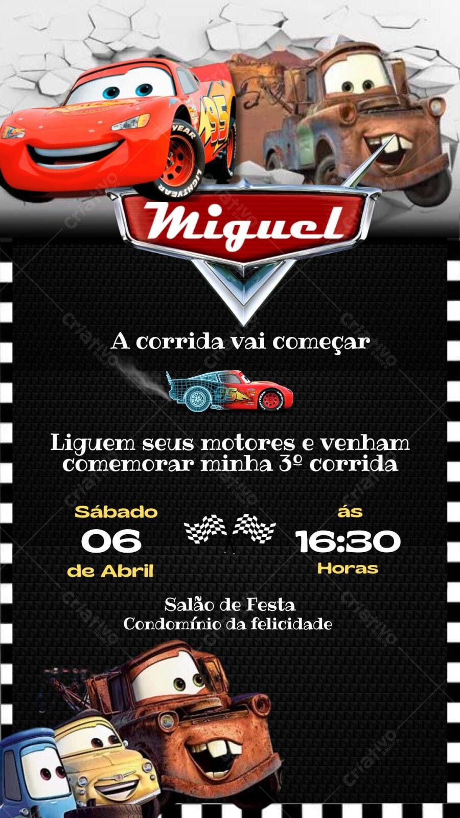 Convite Aniversário Carros Disney 3 Anos Editável