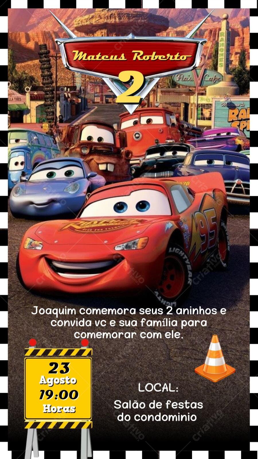 Convite Aniversário Carros Disney 2 Anos Editável