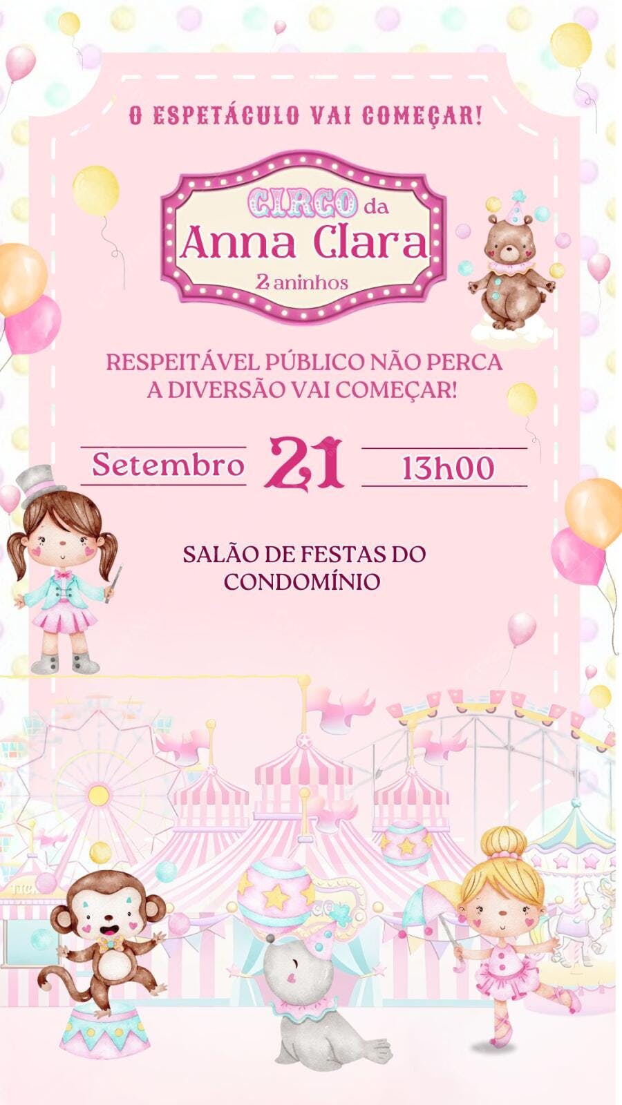 Convite Aniversário Circo Rosa Menina 2 Anos Editável