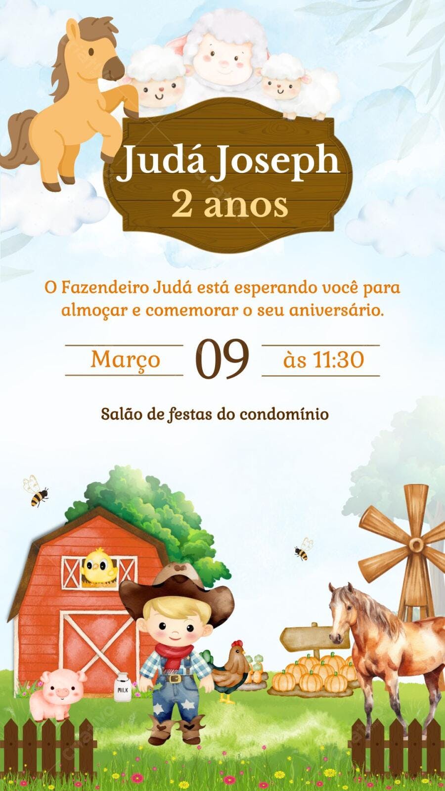 Template Canva Convite Aniversário Fazendinha Menino Editável