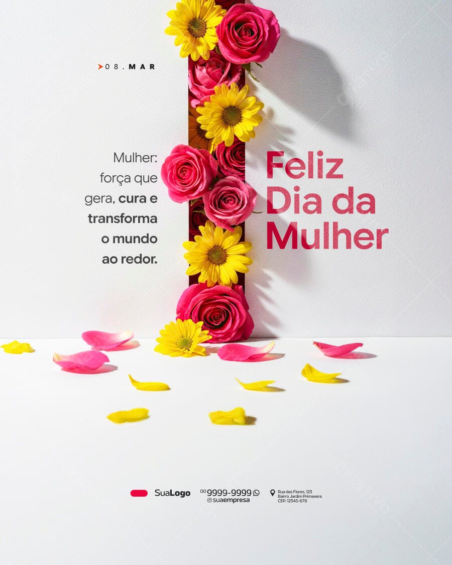 Post Instagram Dia da Mulher 8 de Março Flores PSD Editável