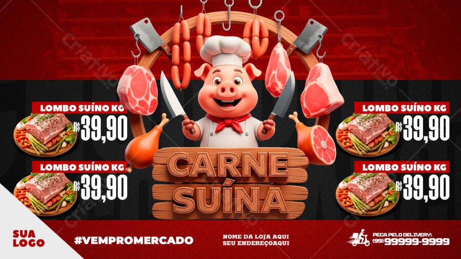 Flyer Carne Suína Açougue Promoção PSD Editável
