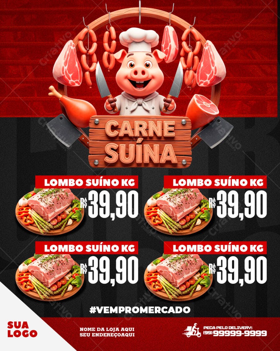 Flyer Carne Suína Açougue Promoção PSD Editável