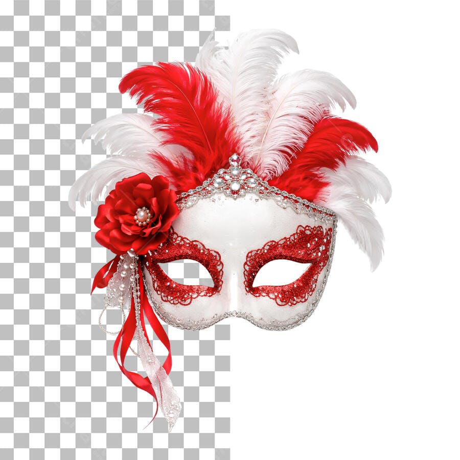Máscara Carnaval Veneza Penas Vermelhas PNG Fundo Transparente
