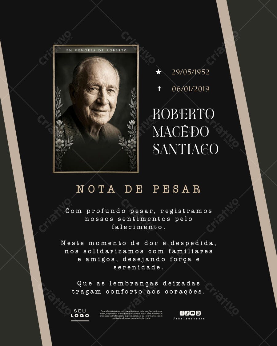Nota de Pesar Luto Funeral Simples PSD Editável