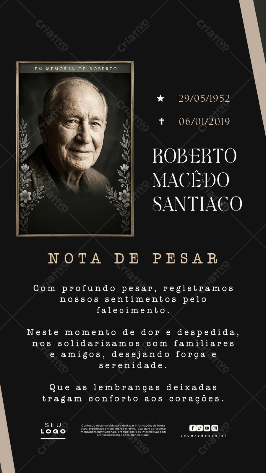 Card Luto Nota de Pesar Memorial PSD Editável