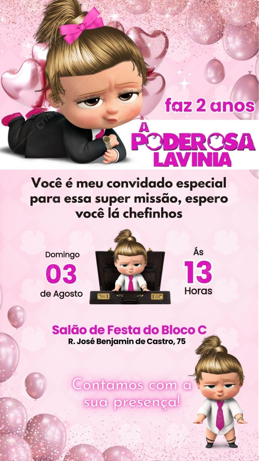 Convite Aniversário A Poderosa Chefinha 2 Anos Rosa Editável