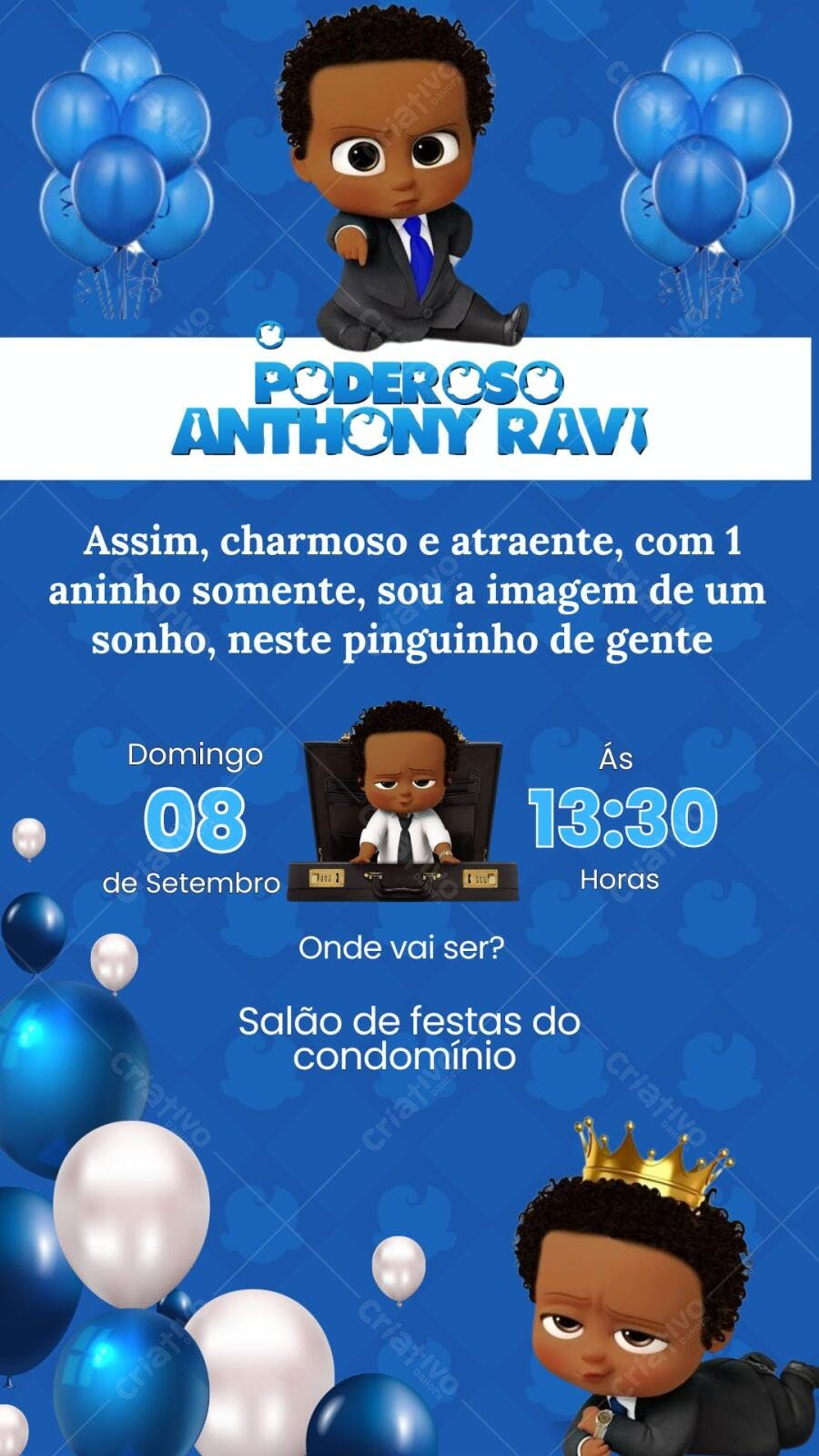 Convite Aniversário Poderoso Chefinho 1 Ano Editável
