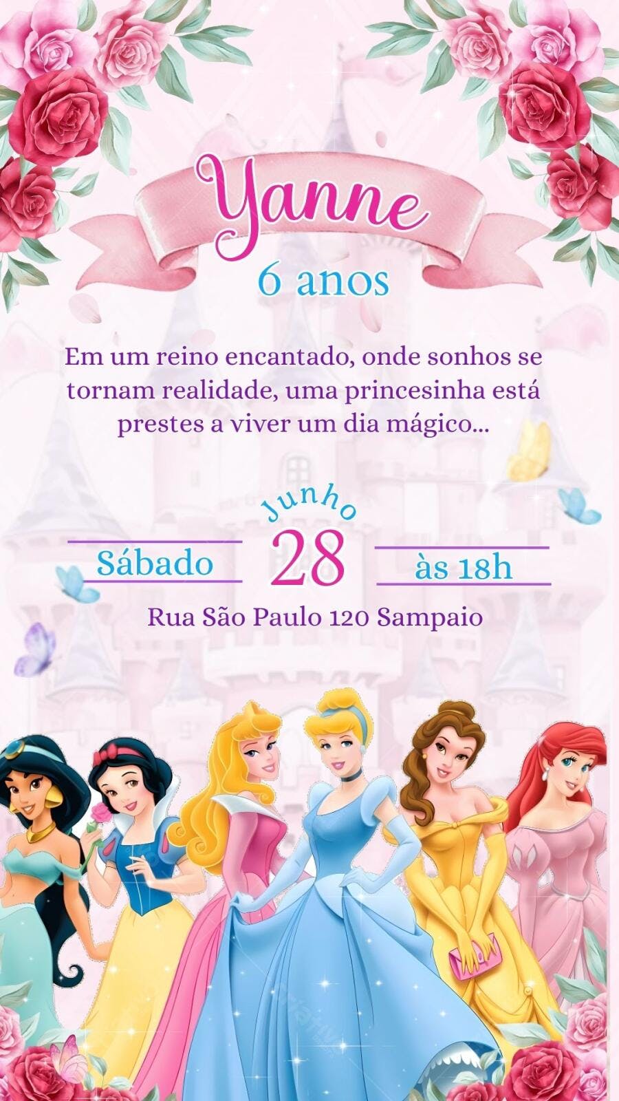 Convite Aniversário Princesas Disney 6 Anos Editável