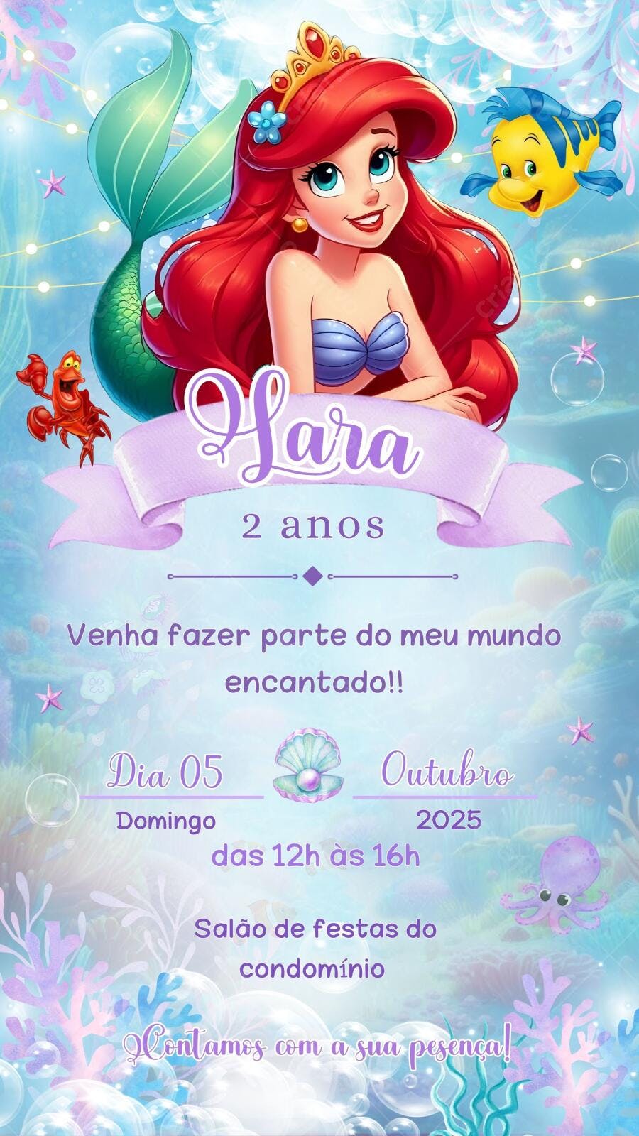 Convite Aniversário Pequena Sereia Ariel 2 Anos Editável