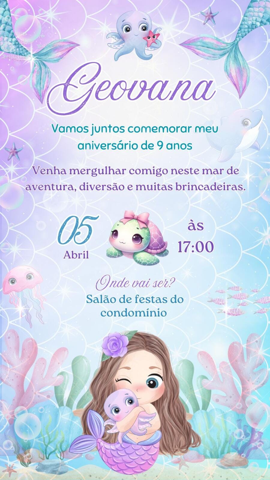 Convite Aniversário Sereia Fundo do Mar 9 Anos Editável