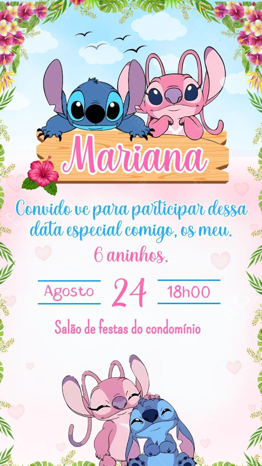 Convite Aniversário Stitch e Angel 6 Anos Editável