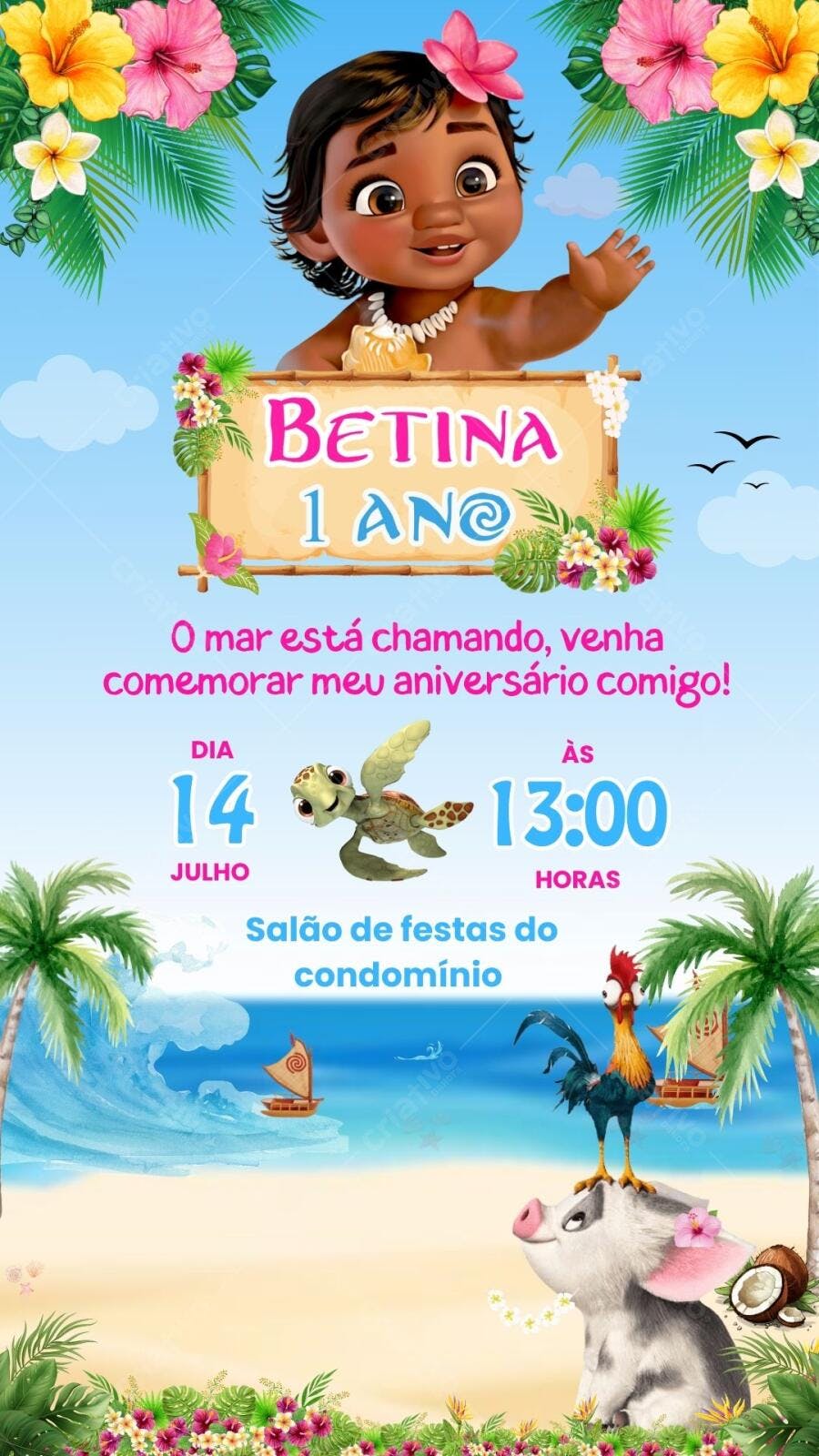 Convite Aniversário Moana Bebê 1 Ano Editável