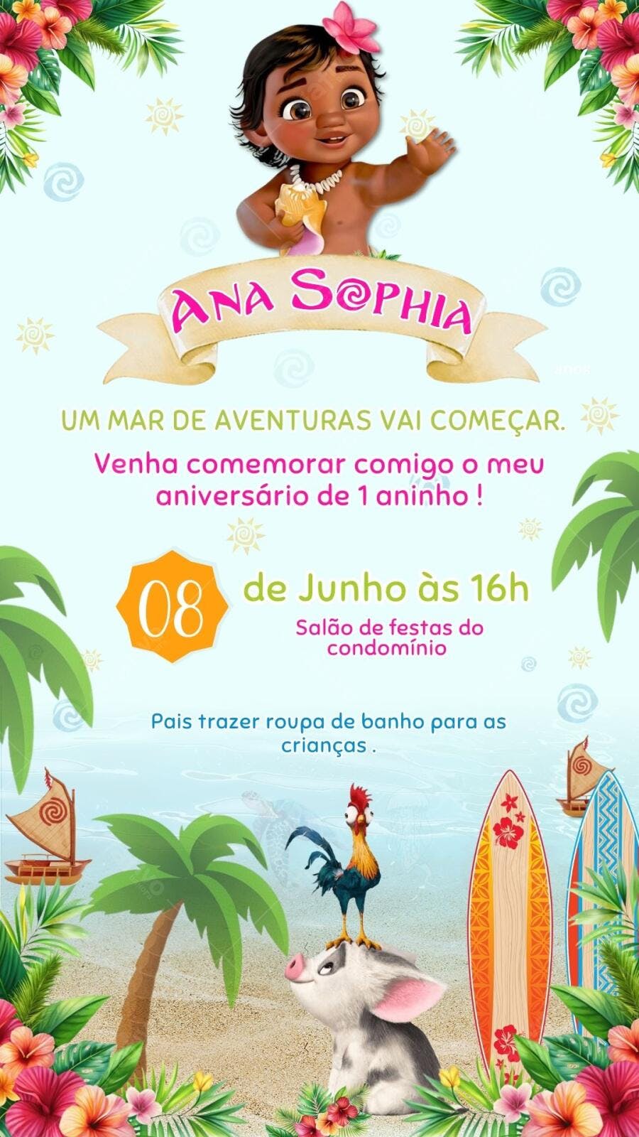 Convite Aniversário Moana Bebê 1 Ano Editável