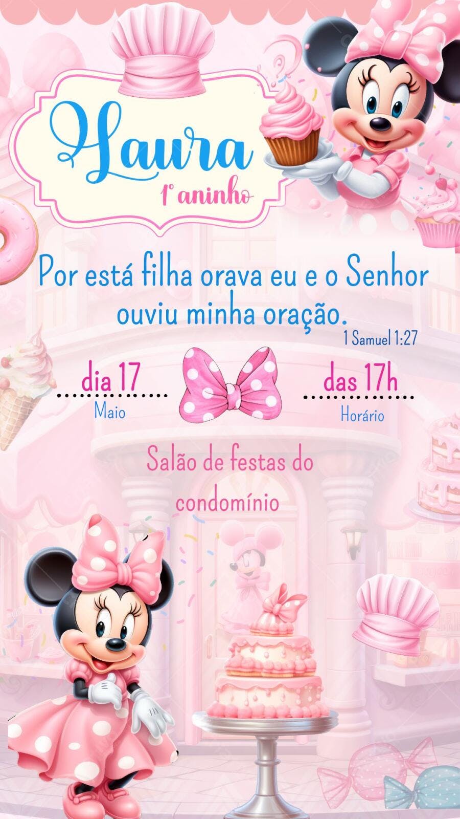 Convite Aniversário Minnie Rosa 1 Aninho Editável