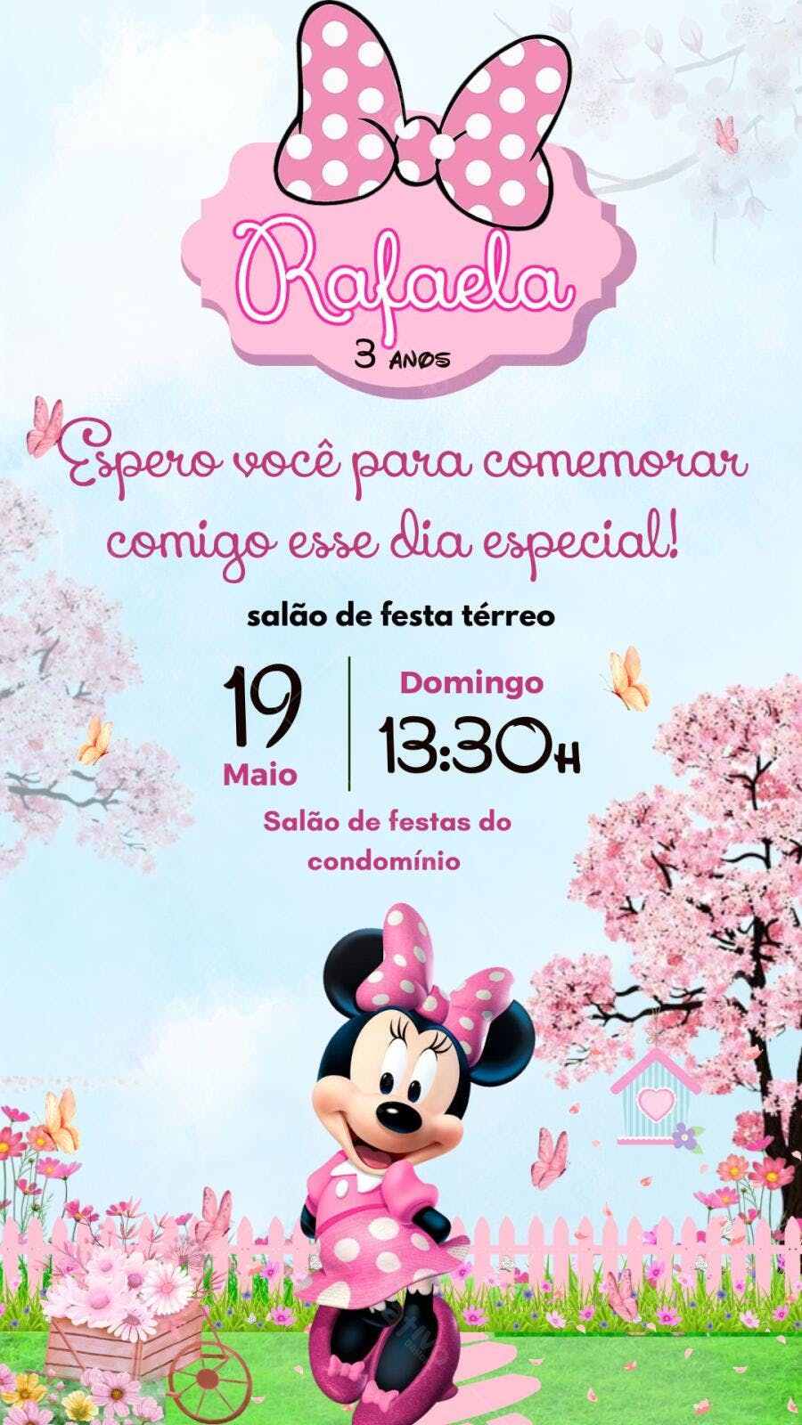 Convite Aniversário Minnie Rosa 3 Anos Editável