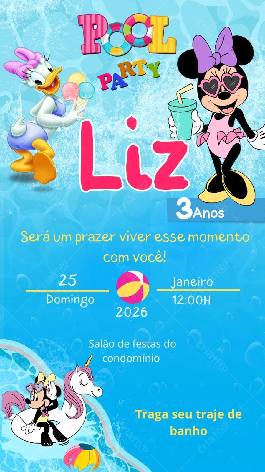 Convite Aniversário Infantil Minnie Margarida Pool Party 3 Anos Editável