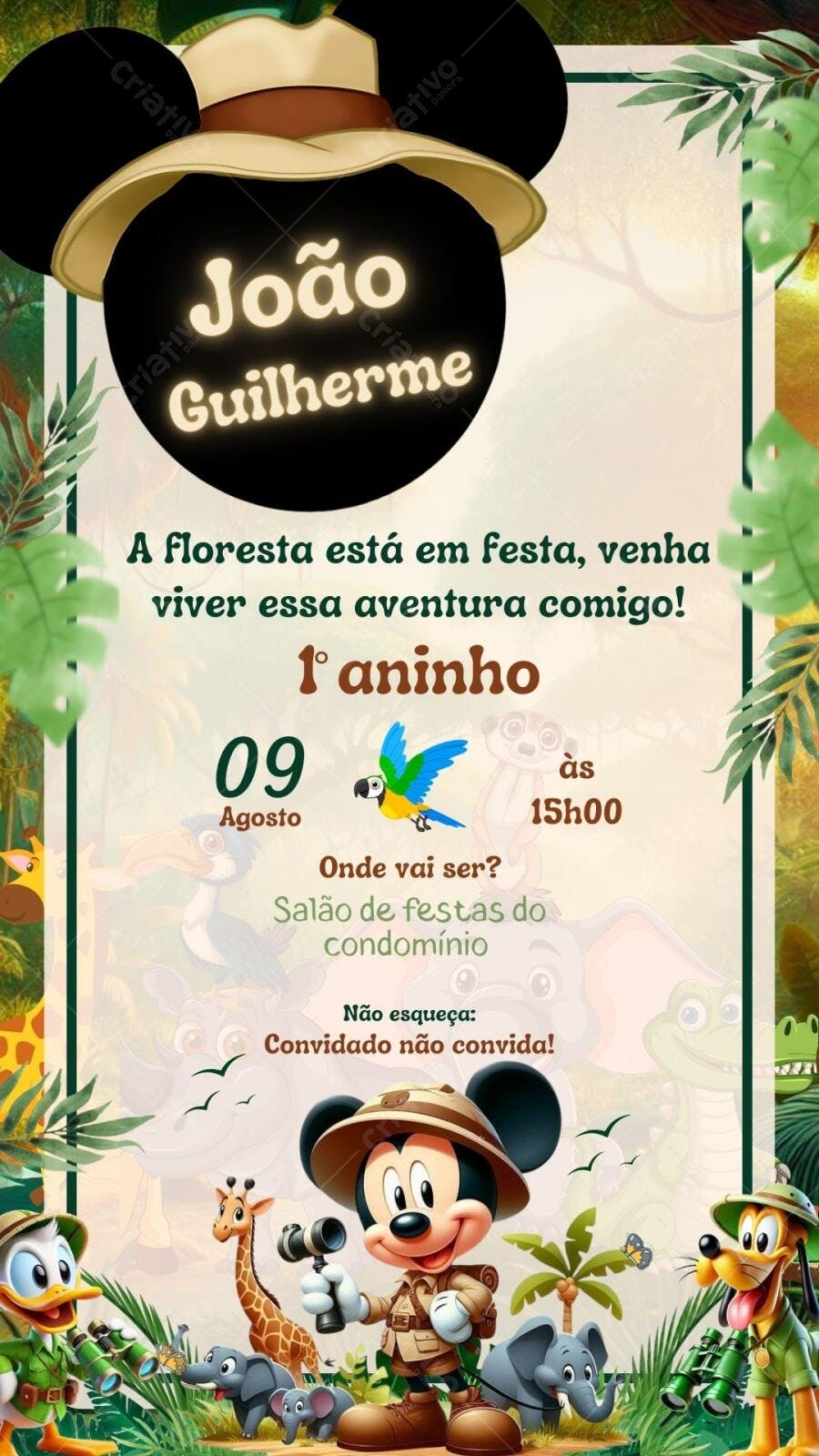Convite Aniversário Mickey Safari 1 Ano Editável