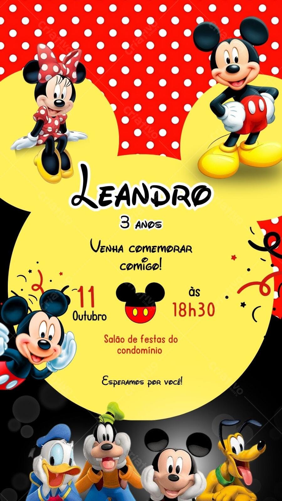Convite Aniversário Mickey e Amigos 3 Anos Editável