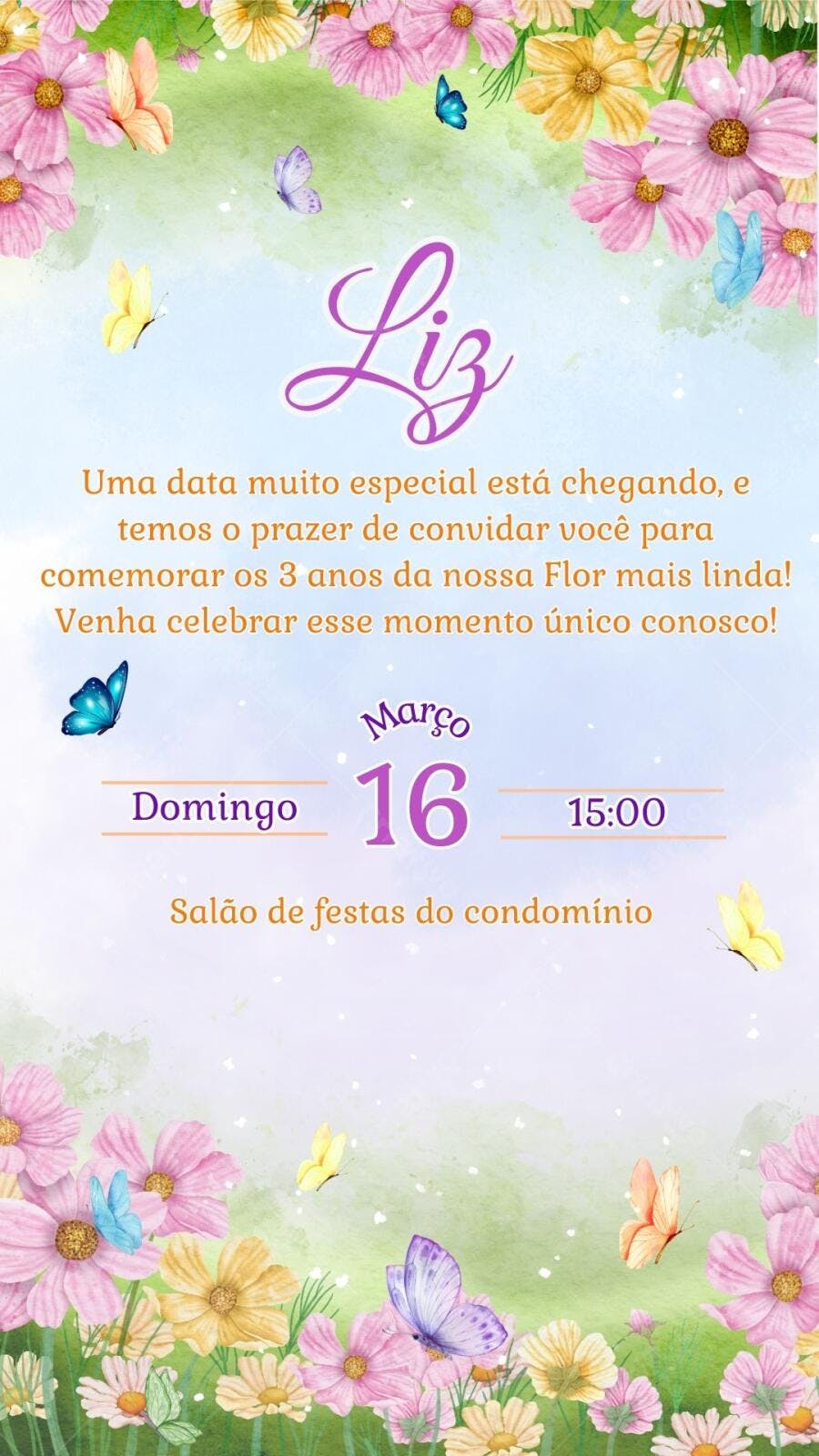Convite Aniversário Infantil Borboletas Flores 3 Anos Editável