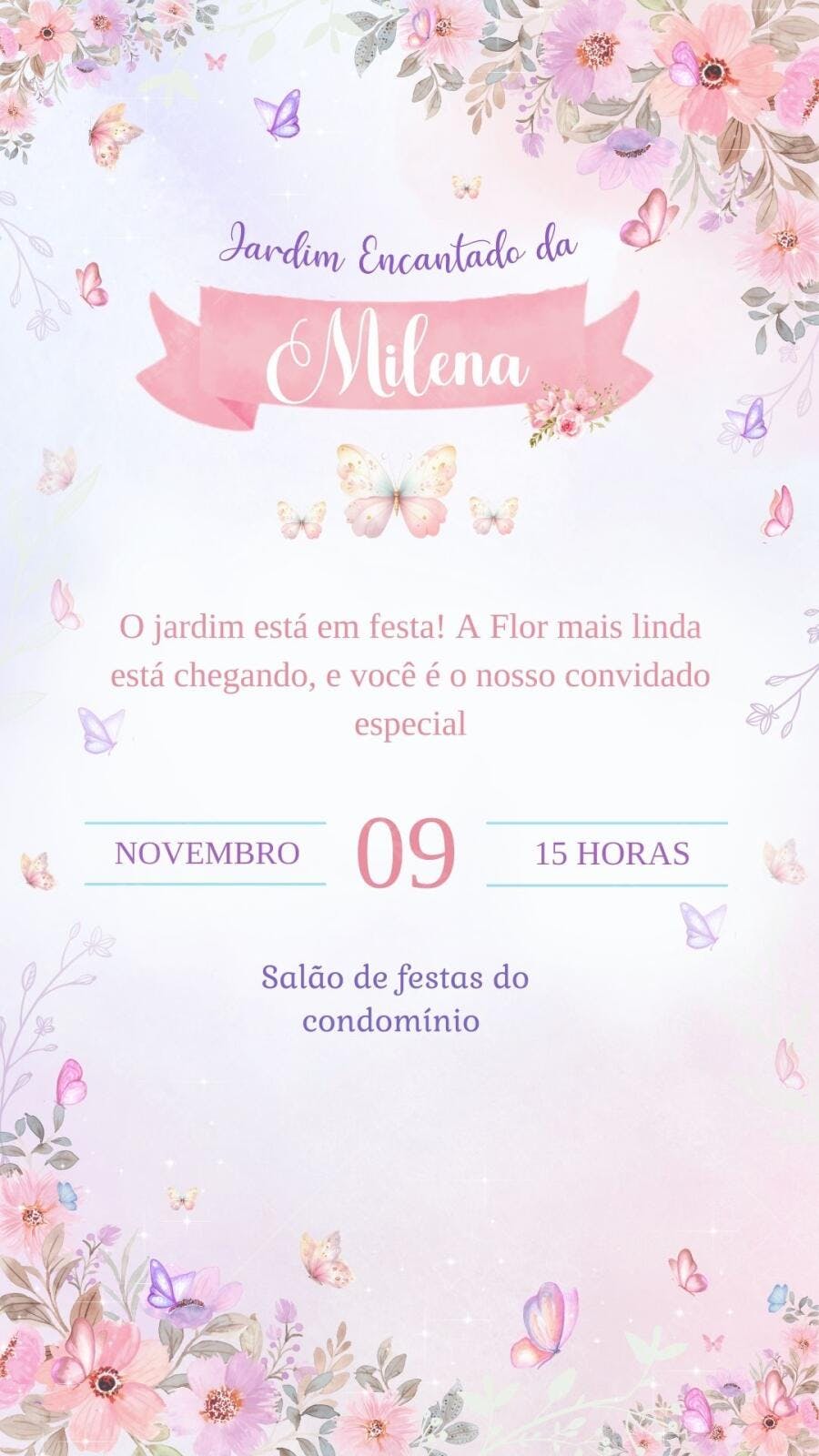 Convite Aniversário Jardim Encantado Borboletas Editável