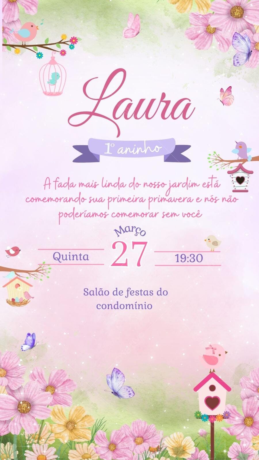 Convite Aniversário Jardim Encantado 1 Aninho Editável