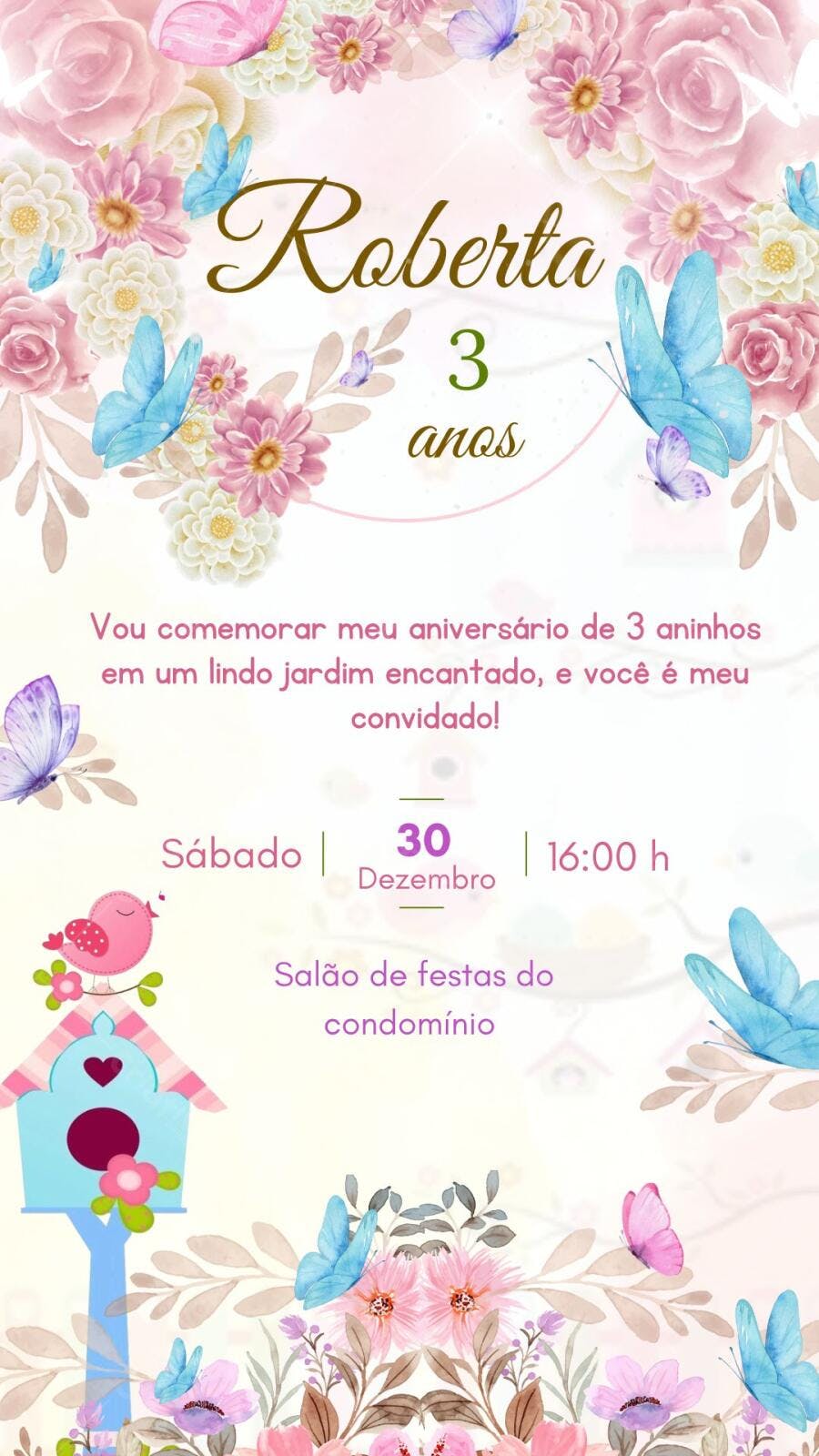 Convite Aniversário Jardim Encantado Borboletas 3 Anos Editável