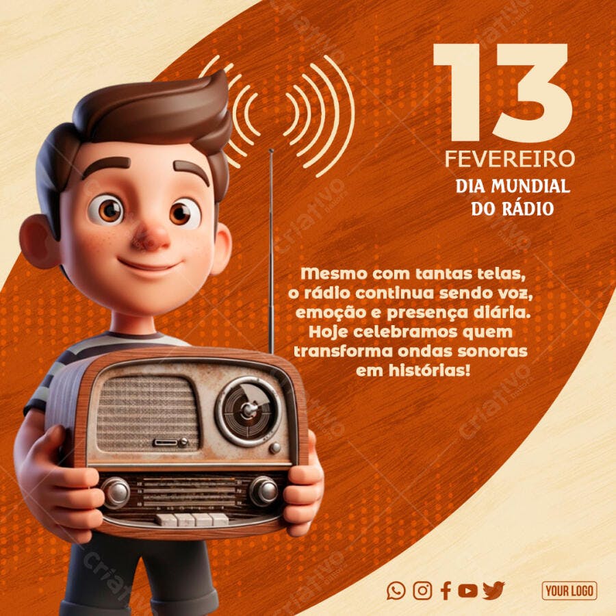 Post Instagram Dia Mundial do Rádio 13 de Fevereiro PSD Editável