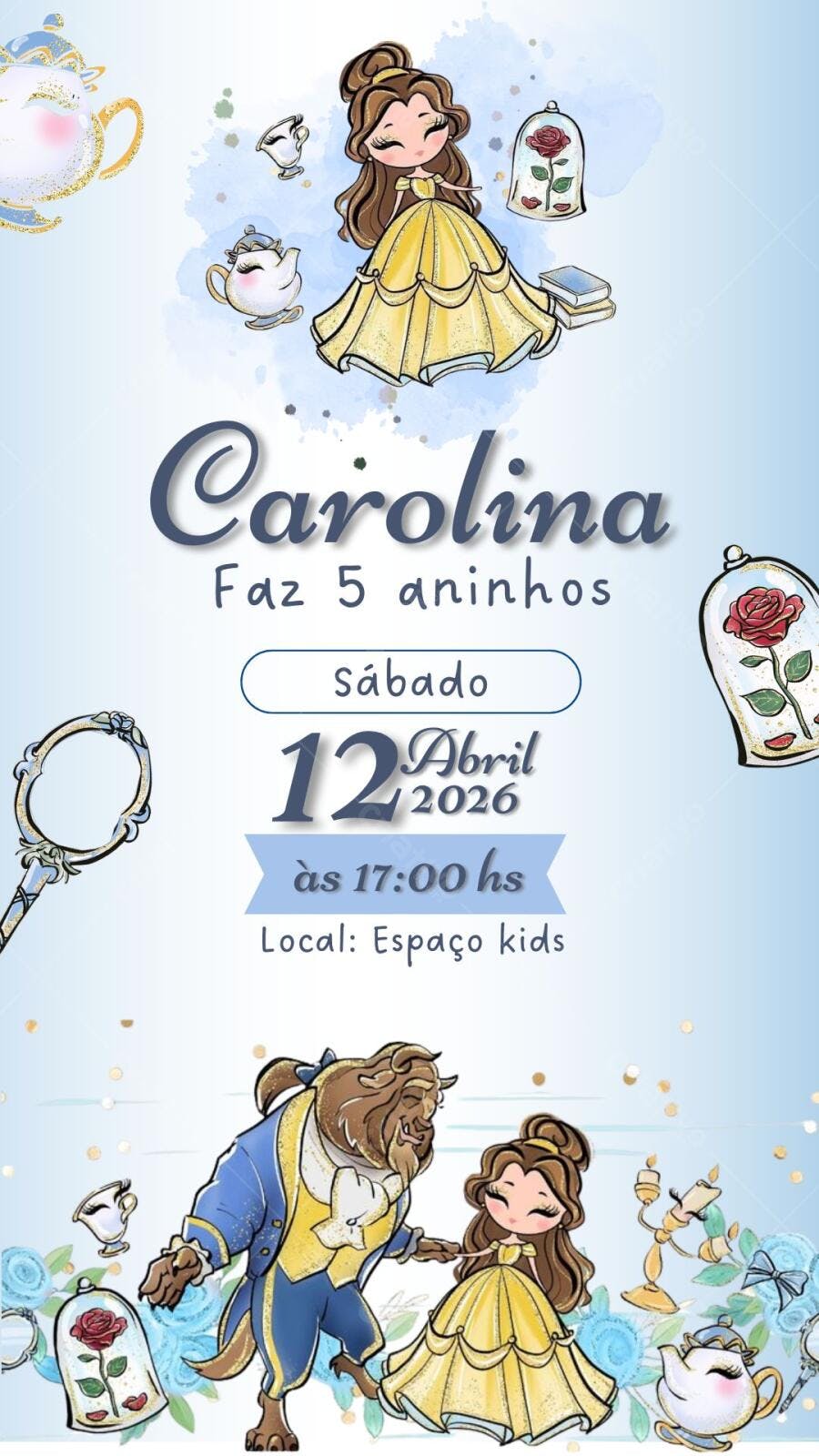 Convite Aniversário A Bela e a Fera 5 Anos Editável