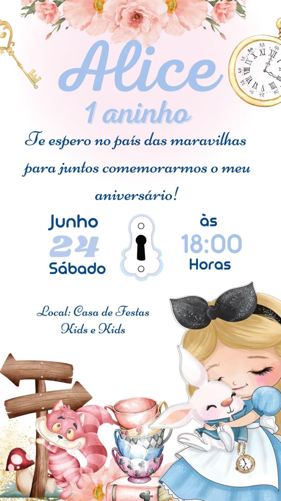 Convite Aniversário Alice no País das Maravilhas 1 Aninho Editável